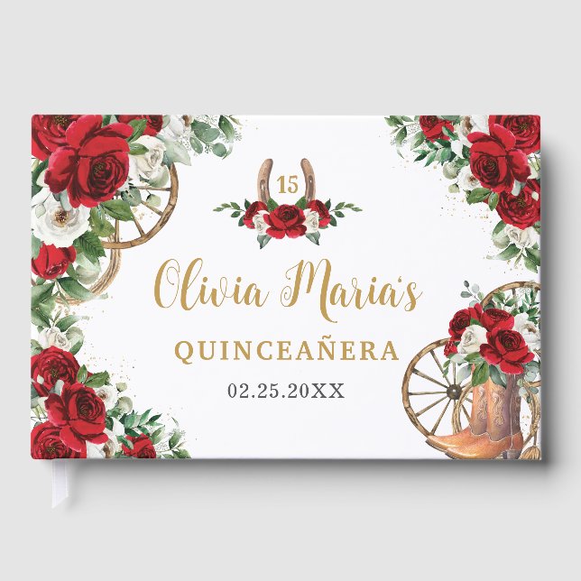 Livre D'or Rouge Blanc Floral Charro Cowboy Bottes Quinceaner (Recto)