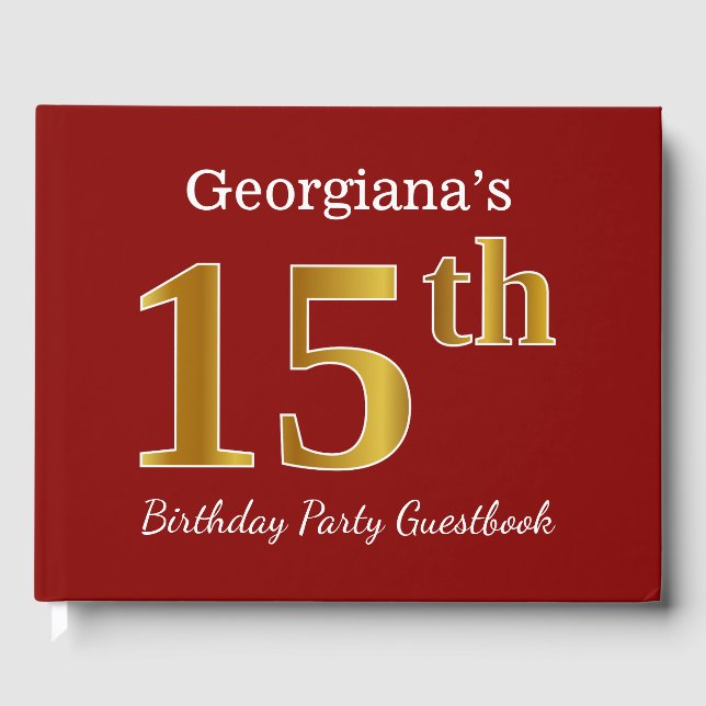 Livre D'or Rouge, Faux Gold 15e fête d'anniversaire + Nom per (Recto)