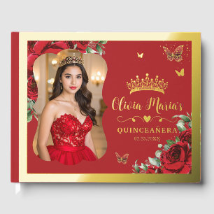 Livre D'or Rouge Floral Quinceanera Mis 15 Ans Sweet 16 Photo