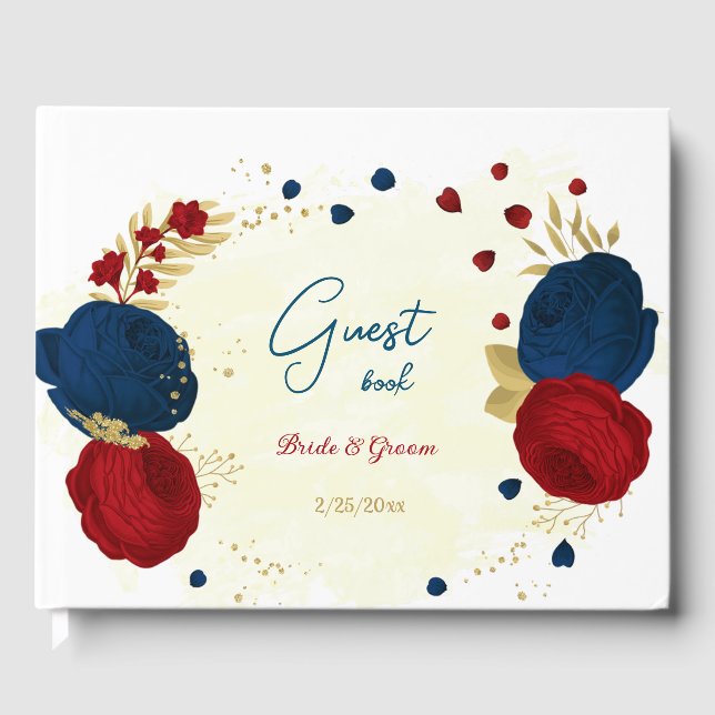 Livre D'or rouge foncé & bleu marine fleurs or mariage (Recto)