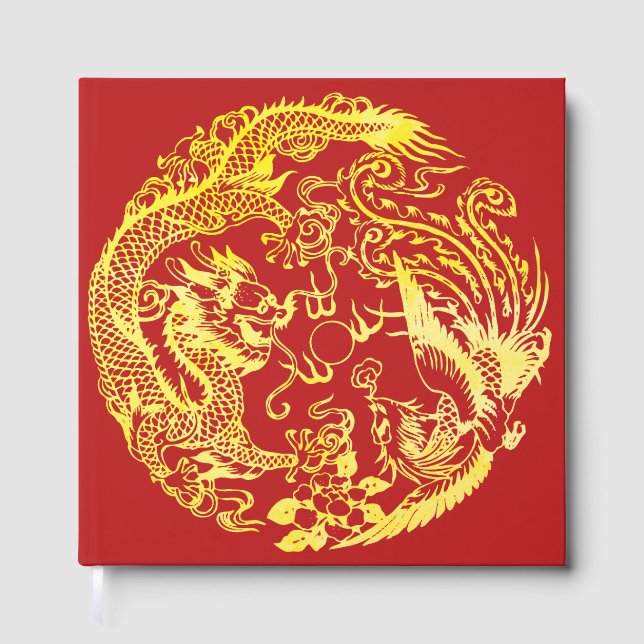 Livre D'or Rouge or chinois Dragon et Phoenix logo mariage (Recto)