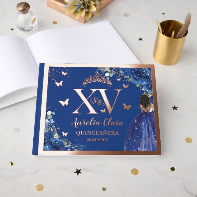 Livre D'or Royal Blue Floral Brown fille Quinceañera Rose or (Recto ouvert)