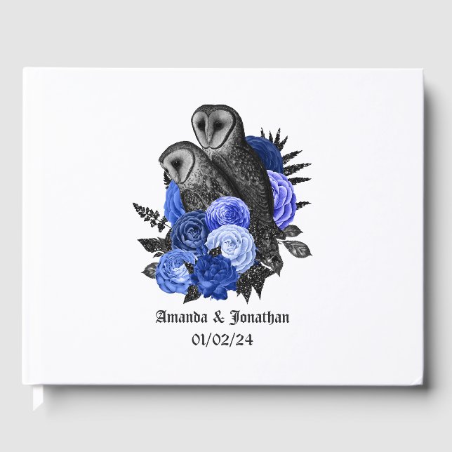 Livre D'or Royal Blue Floral Owls Mariage gothique (Recto)