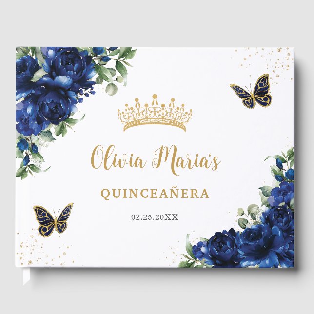 Livre D'or Royal Blue Floral Papillons Gold Quinceanera (Recto)