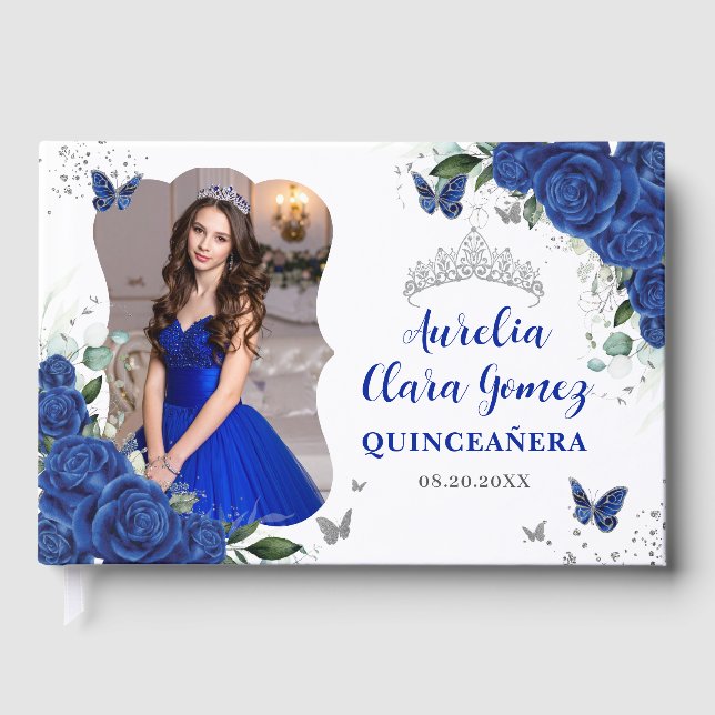 Livre D'or Royal Blue Floral Silver QUINCEAÑERA 15 Photograph (Recto)
