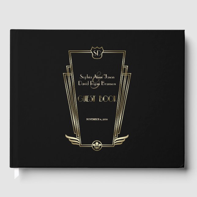 Livre D'or Royal Gold Black Art Déco Mariage Monogramme (Recto)