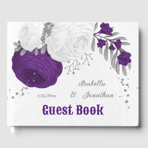 Livre D'or royal violet & fleurs blanches argent mariage