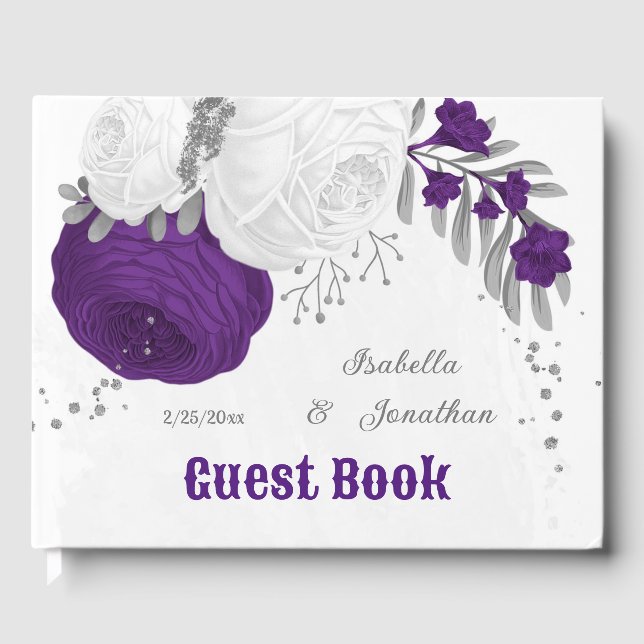 Livre D'or royal violet & fleurs blanches argent mariage (Recto)