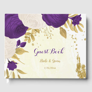 Livre D'or royal violet & fleurs blanches or botanique