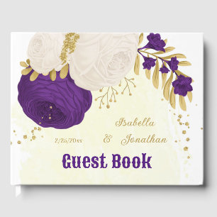 Livre D'or royal violet & fleurs blanches or botanique