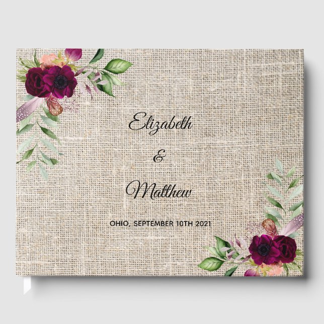 Livre D'or Russe burlap bordeaux floraux mariage (Recto)
