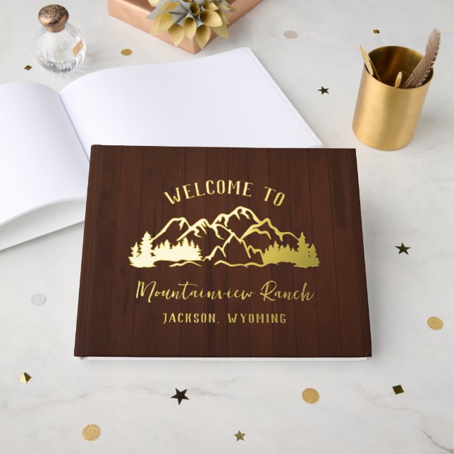 Livre D'or Rustic Dark Brown Wood Mountain Landscape (Recto ouvert)