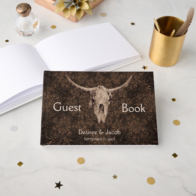 Livre D'or Rustic Elegant Wedding Brown Western Bull Skull (Recto ouvert)