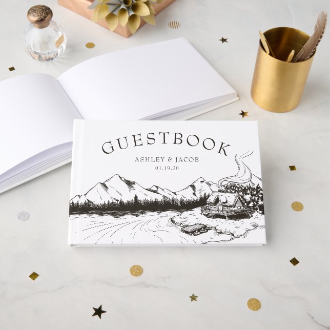 Livre D'or Rustic Winter Mountain Mariage invité (Recto ouvert)
