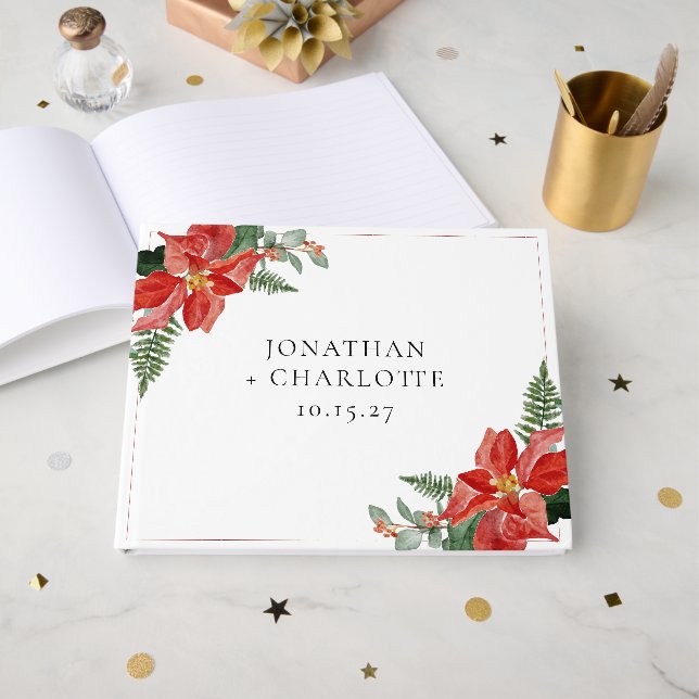 Livre D'or Rustic Winter Poinsettia Red Christmas Wedding (Recto ouvert)