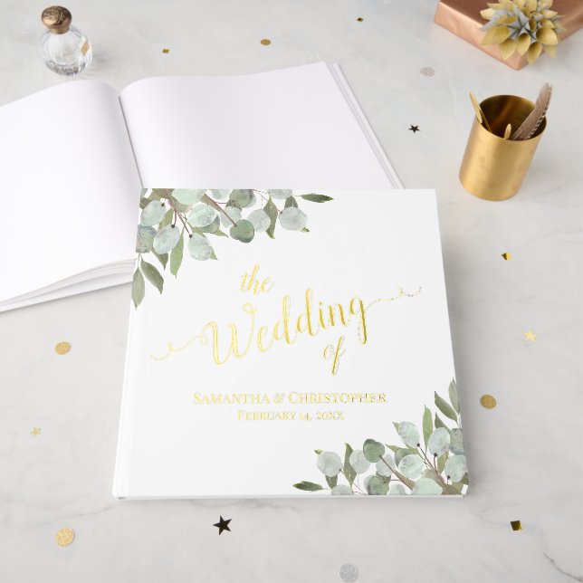 Livre D'or Rustique Boho Eucalyptus Feuilles Élégant Mariage  (Recto ouvert)