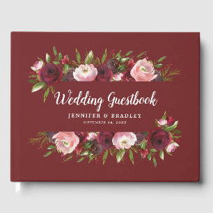 Livre D'or Rustique Bourgogne Blush Floral Aquarelle Mariage