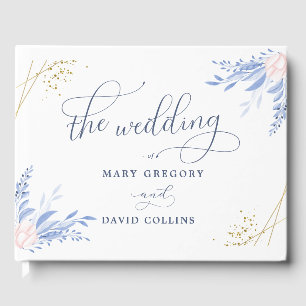 Livre D'or Rustique Dusty Blue Aquarelle Feuille Mariage or