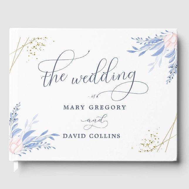 Livre D'or Rustique Dusty Blue Aquarelle Feuille Mariage or (Recto)