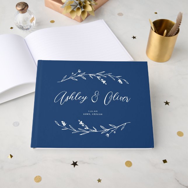 Livre D'or Rustique Elegant Fleur sauvage bleu marine Mariage (Recto ouvert)