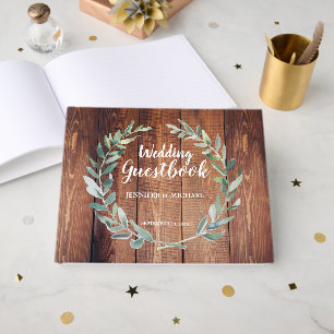 Livre D'or Rustique feuilles aquarelle Mariage bois grange