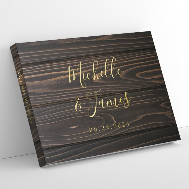 Livre d'or Rustique Mariage en bois (Personalized Rustic Wooden Gold Foil Wedding Guest Book)