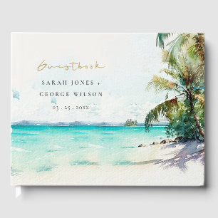 Livre D'or Sable Tropical Beach Aquarelle Palm Trees Mariage
