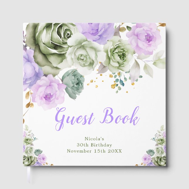 Livre D'or Sage Green and Purple Floral Birthday Party (Recto)