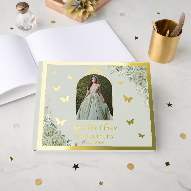 Livre D'or Sage Green Floral Or Quinceañera 15 Quince Photo (Recto ouvert)