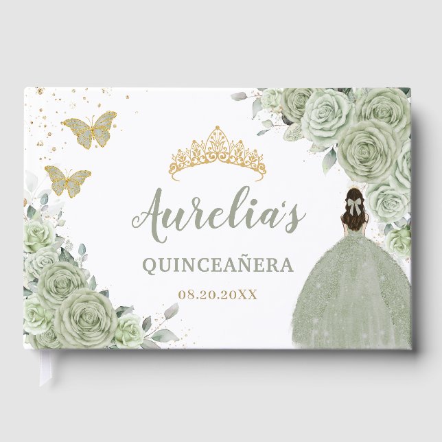 Livre D'or Sage Green Floral Rose Princesse Gold Quinceañera (Recto)