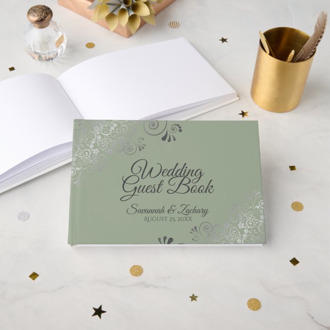 Livre D'or Sage Green & Grey Frilly Filigree Elégant Mariage (Recto ouvert)