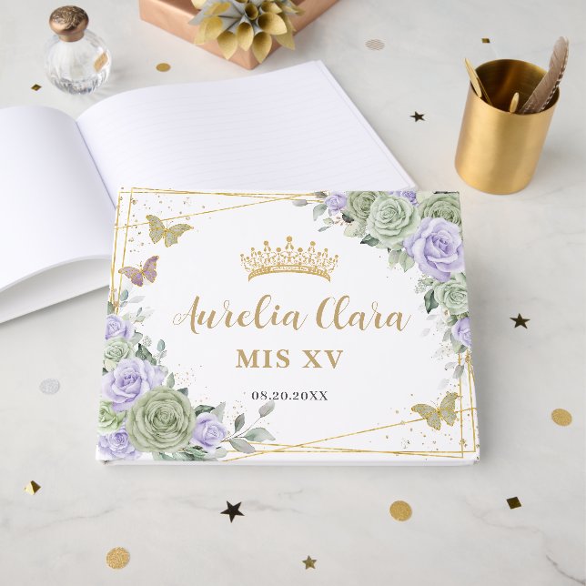Livre D'or Sage Green Purple Floral Butterflies Quinceanera (Recto ouvert)