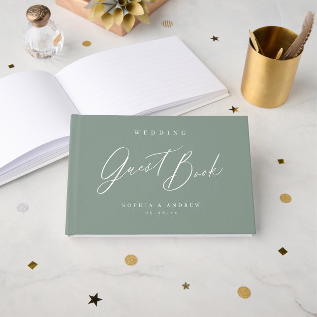 Livre D'or Sage Green script moderne minimaliste mariage (Recto ouvert)