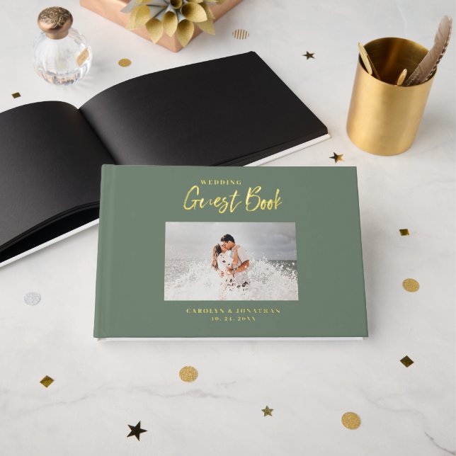 Livre D'or Sage photo Mariage de script élégant (Recto ouvert)