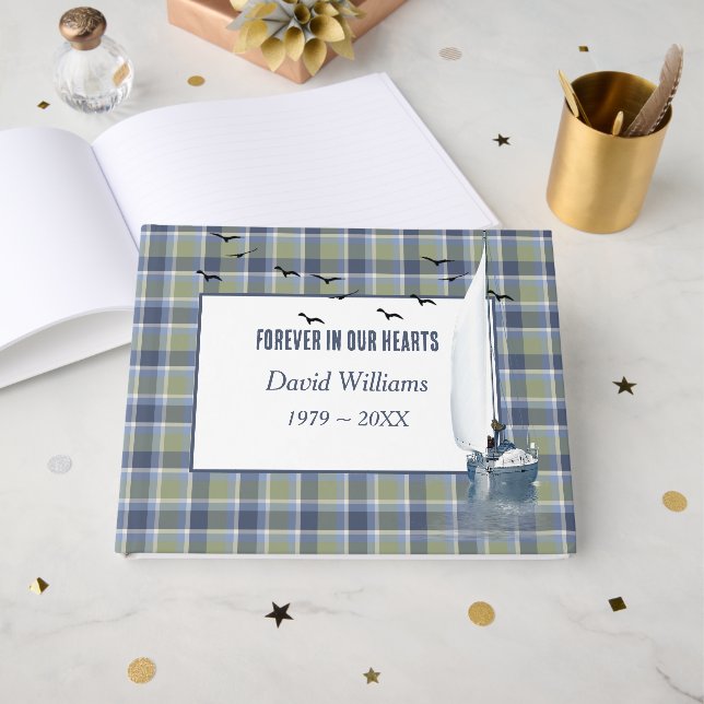 Livre D'or Sailboat On Plaid For Memorial Service (Recto ouvert)