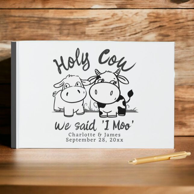 Livre D'or Sainte Vache Nous Avons Dit Que Je Moo Personnalis (Holy Cow We Said I Moo Personalized Guest Book from Ricaso. Whimsical cute cattle couple, add names)