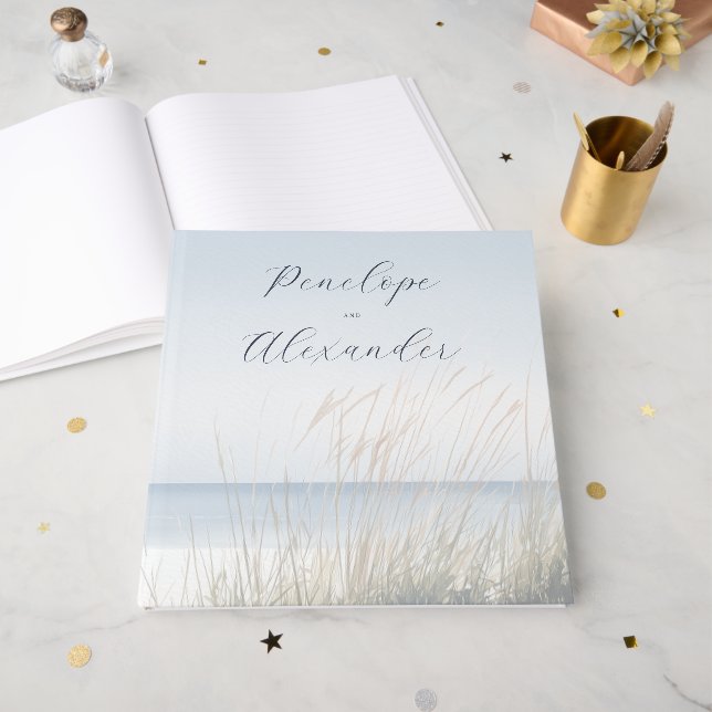 Livre D'or Scène de plage à l'aquarelle bleu tranquille (Recto ouvert)