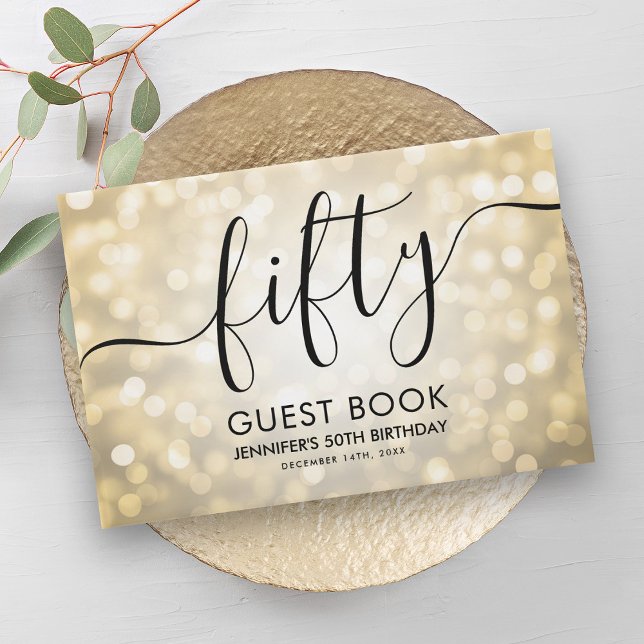 Livre D'or Script moderne Lumières Parties scintillant or 50e (Modern Script Gold Glitter Lights 50th Birthday Guest Book)