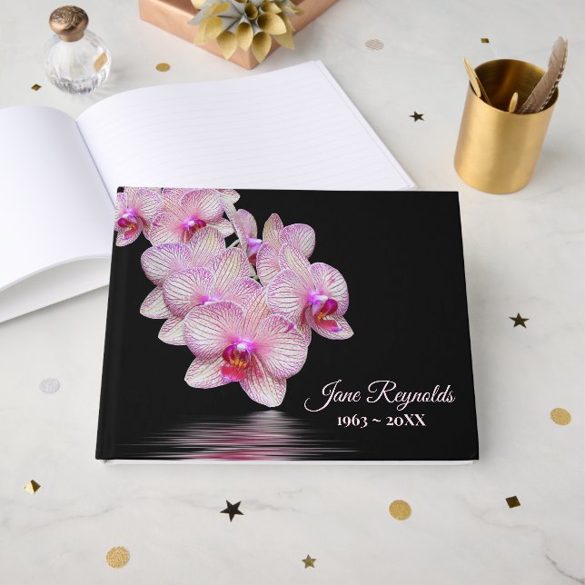 Livre D'or Service funèbre Orchidées roses Reflet d'eau  (Recto ouvert)