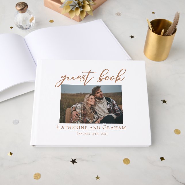 Livre D'or Sienna Brown Script Couple Photo Mariage (Recto ouvert)