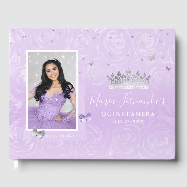 Livre D'or Silver Light Violet Rose Élégant Photo Quinceanera (Recto)