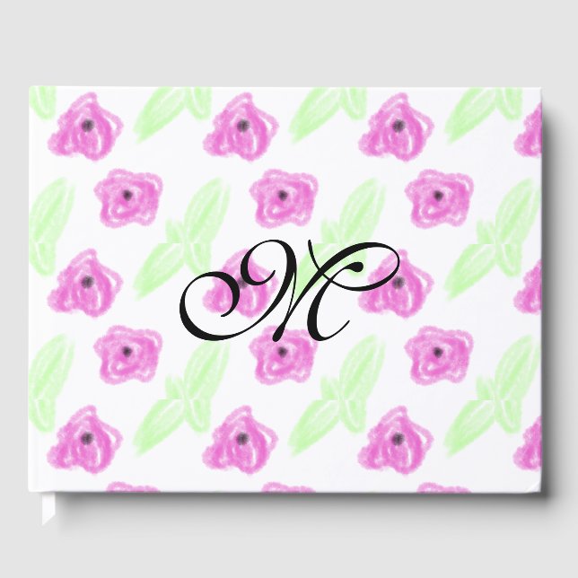 Livre D'or Simple aquarelle rose fleurs vert feuille monogram (Recto)
