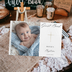 Livre D'or Simple Modern Script Cross Gold Baptism Photo