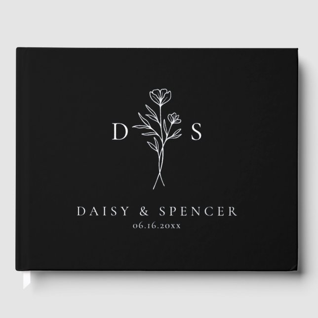 Livre D'or Simple Noir Moderne Mariage de Monogramme Floral (Recto)