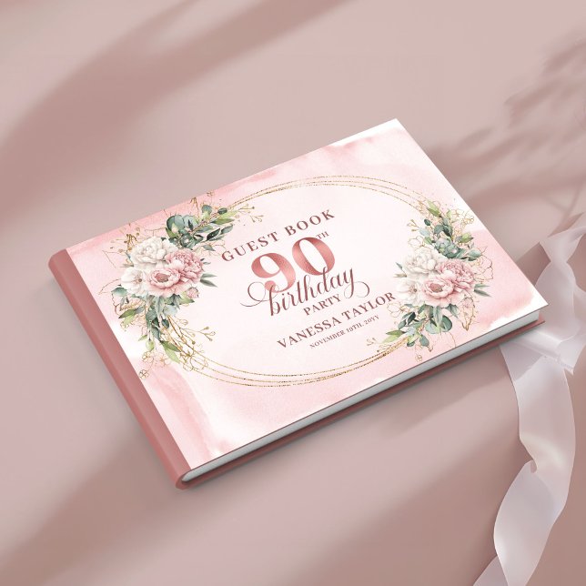 Livre D'or Soft Pale Pink Gold Greenery 90th Birthday Guest   (Soft Pale Pink Gold Greenery 90th Birthday Guest Book)