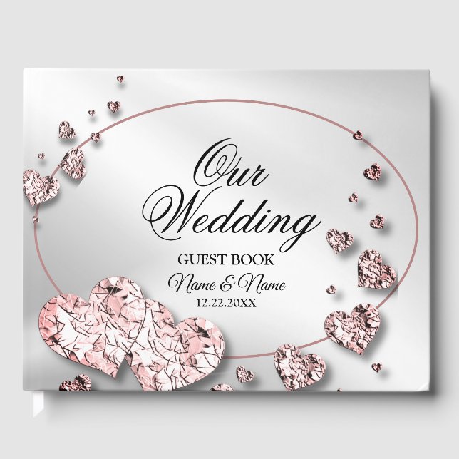 Livre D'or Soirée de mariage rose Peach Coeurs brillants géom (Recto)