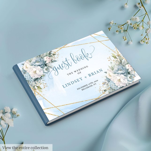 Livre D'or Sophistiqué Boho Pastel Blue White Gold Peonies (Sophisticated Boho Pastel Blue White Gold Peonies Guest Book )
