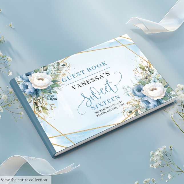 Livre D'or Sophistiqué Dusty Bleu Blancs pivoines Douce 16e (Sophisticated Dusty Blue White Peonies Sweet Sixteen Guest Book)