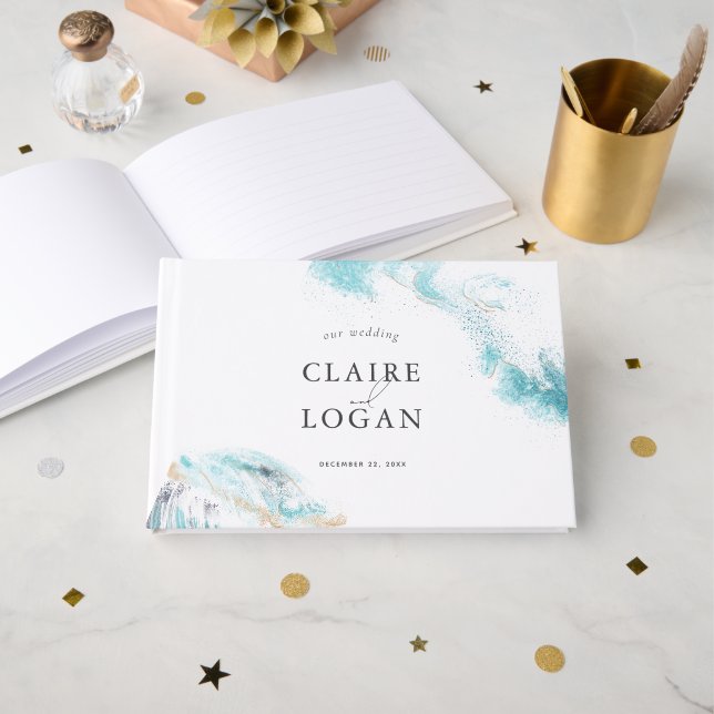 Livre D'or Splashing Blue Waves Coastal Wedding (Recto ouvert)