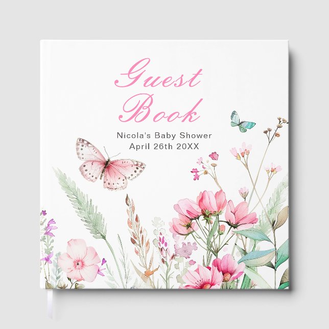 Livre D'or Spring Pink Butterfly Floral Baby Shower (Recto)